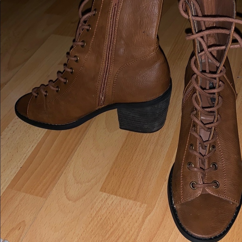 Brown leather open toe booties